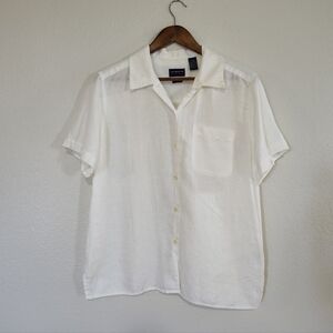 Liz Claiborne Liz Sport Irish Linen White Short-Sleeve Button-Down Blouse Top